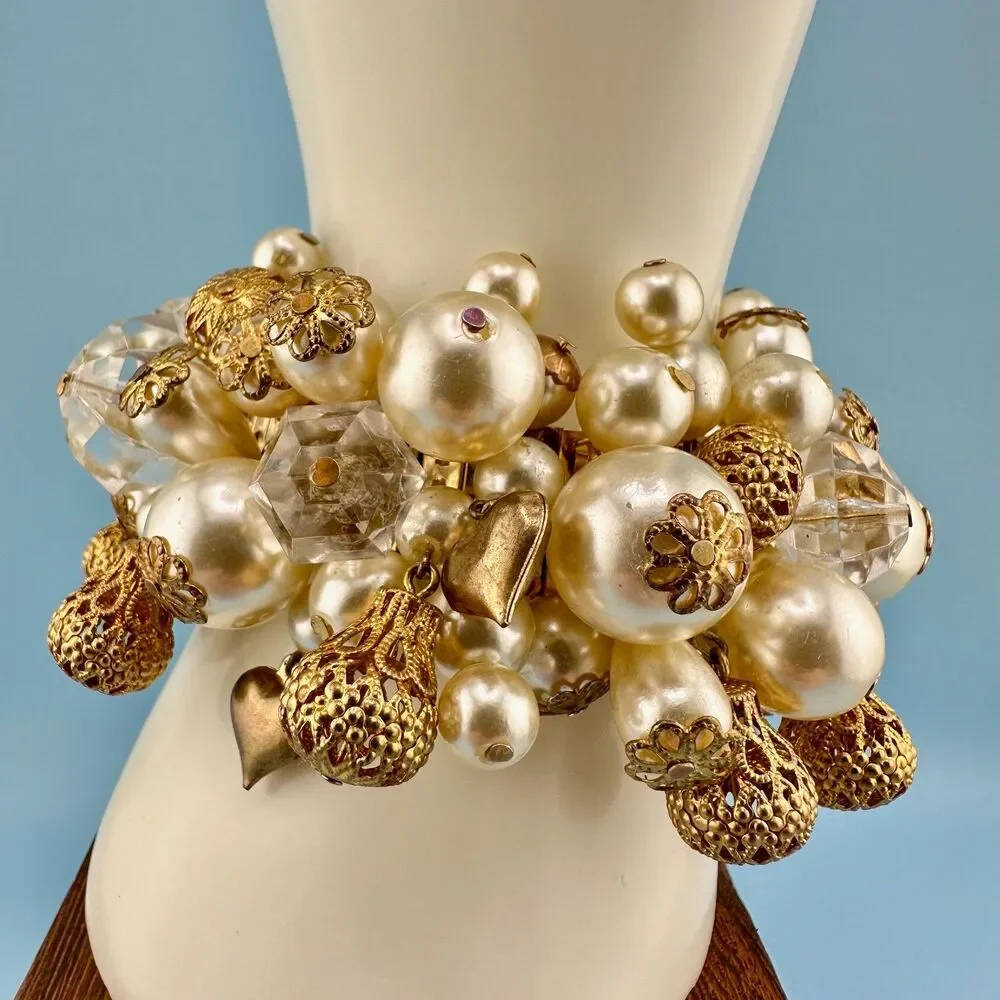 Vintage Cha Cha Bracelet Faux Pearl Filigree Ball Lucite Crystal Heart Expansion